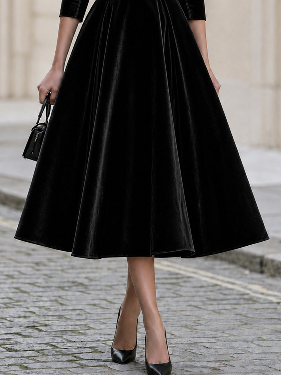 Formal Evening Off The Shoulder Bow 3/4 Sleeve Velvet Midi A-Line Dress