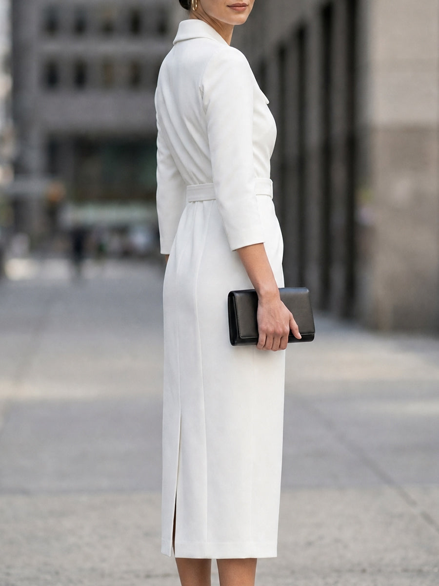 Belted Wrap Front Blazer Midi Dress With Notched Lapel