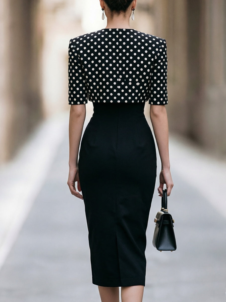Strapless Midi Dress With Polka Dot Cropped Bolero Jacket Set