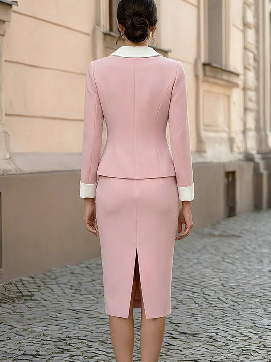 White Contrast Collar & Cuff Peplum Blazer & Midi Pencil Skirt Two-Piece Suit Set