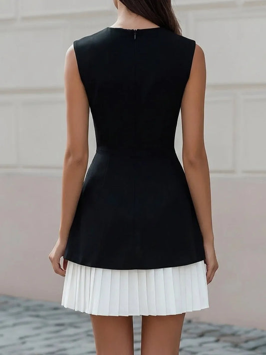 Black and White Layered Pleat Hem Fit-and-Flare Mini Dress