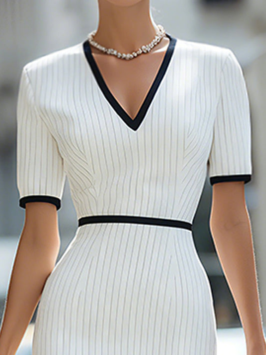 Contrast Trim Ribbed V-Neck Midi Dress