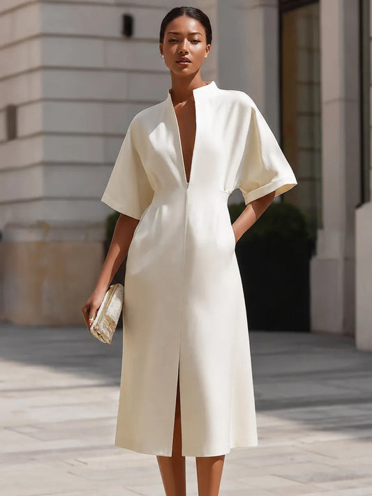 Zip-Front V-Neck Midi Dress With Structured Waist