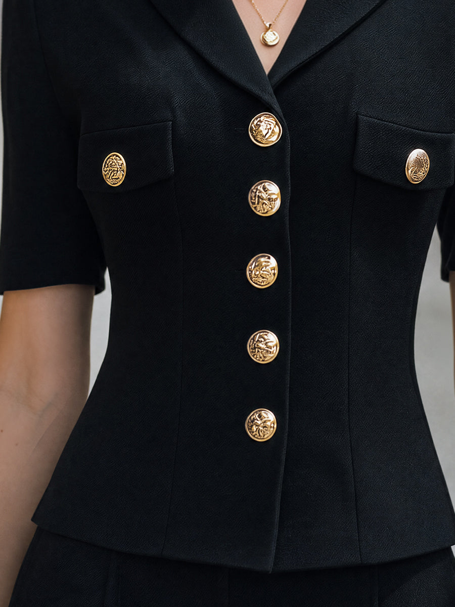 Tailored Gold-Button Blazer-Style Short Sleeve Top