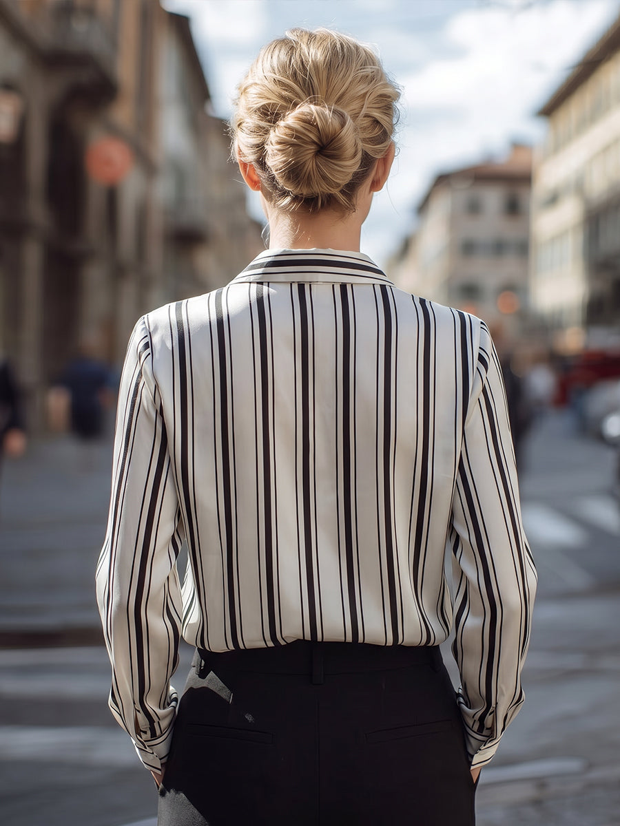 Vertical Stripe Relaxed Button-Up Blouse
