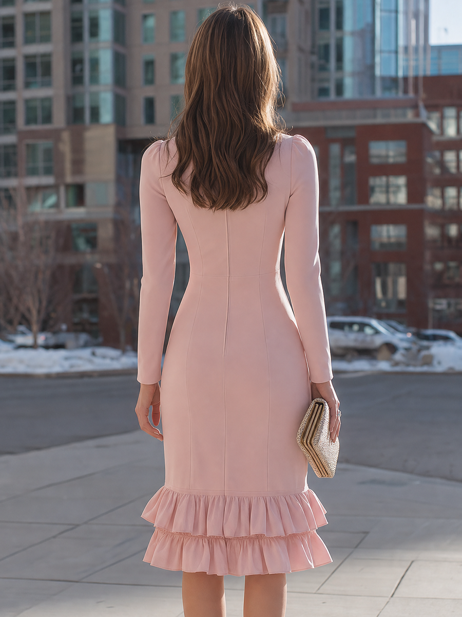 Button-Front Ruffle-Hem Pencil Midi Dress