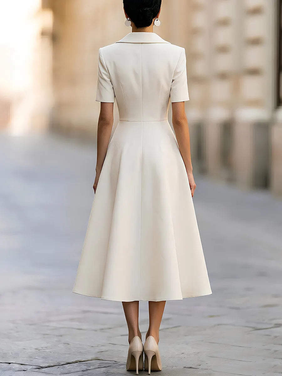 Asymmetric Lapel Short Sleeve Fit-and-Flare Midi Dress