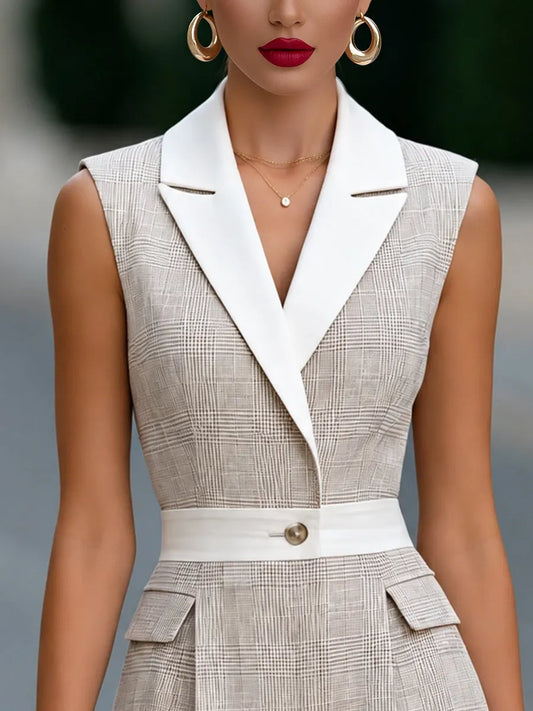 Notched Lapel Tailored Plaid Sleeveless Romper