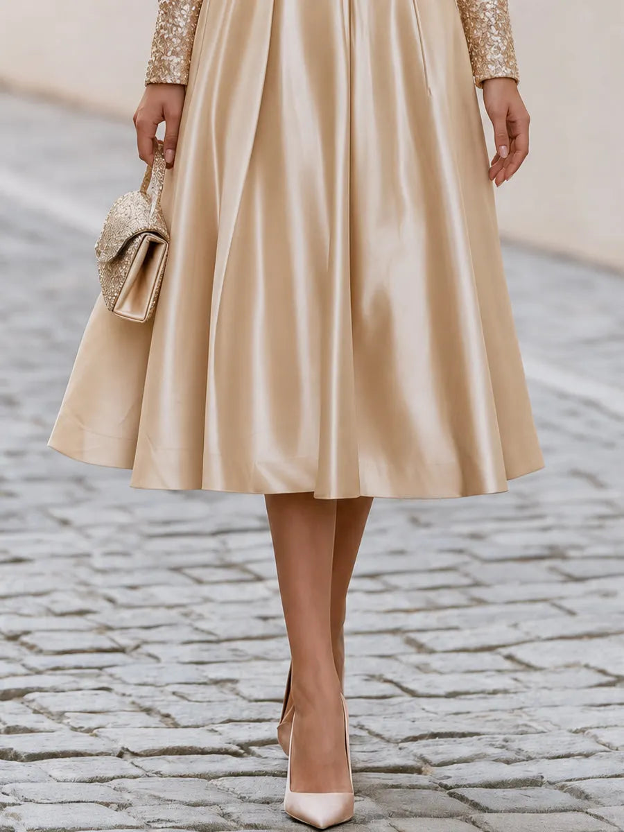Off Shoulder Sequin Long Sleeve Satin Pleated Midi A-Line Cocktail Dress