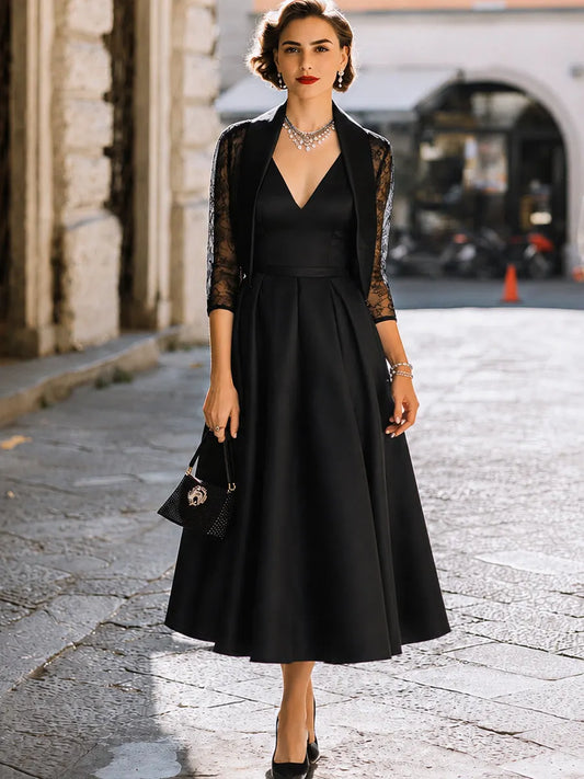 Satin V-Neck Midi Dress & Lace Sleeve Blazer Two-Piece Set