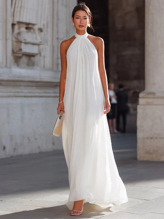 Pleated Halter Neck Flowing Maxi Dress