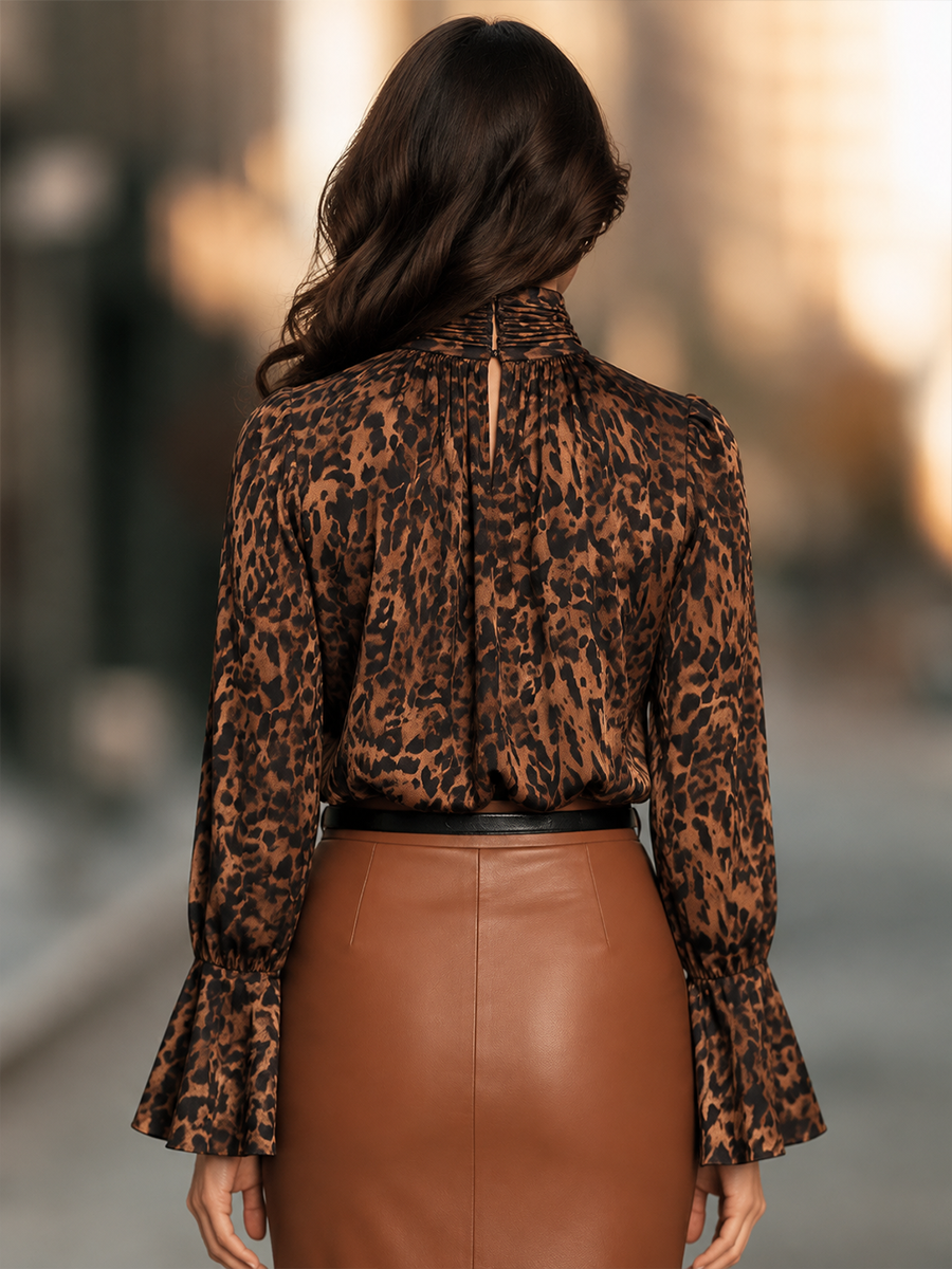 Ruched Mock-Neck Leopard Print Blouse