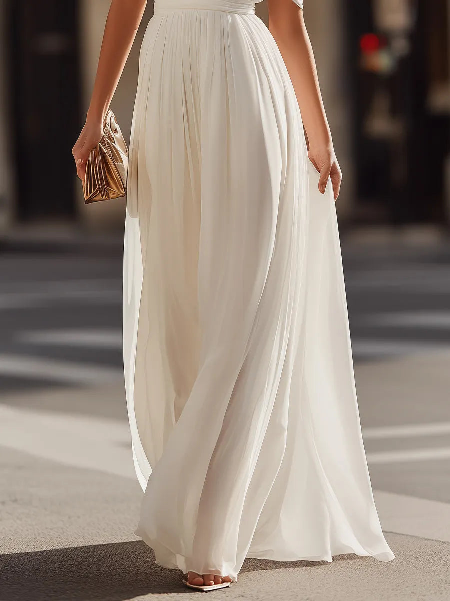 Pleated Halter Neck Cold-Shoulder Maxi Dress With Flowing Silhouette