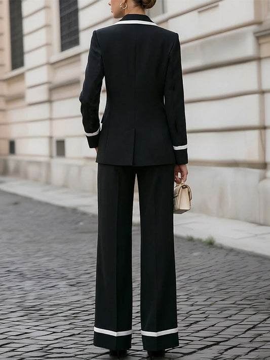 Contrast Piping Double Breasted Black Blazer & Cuffed Flared Pants Two-Piece Suit