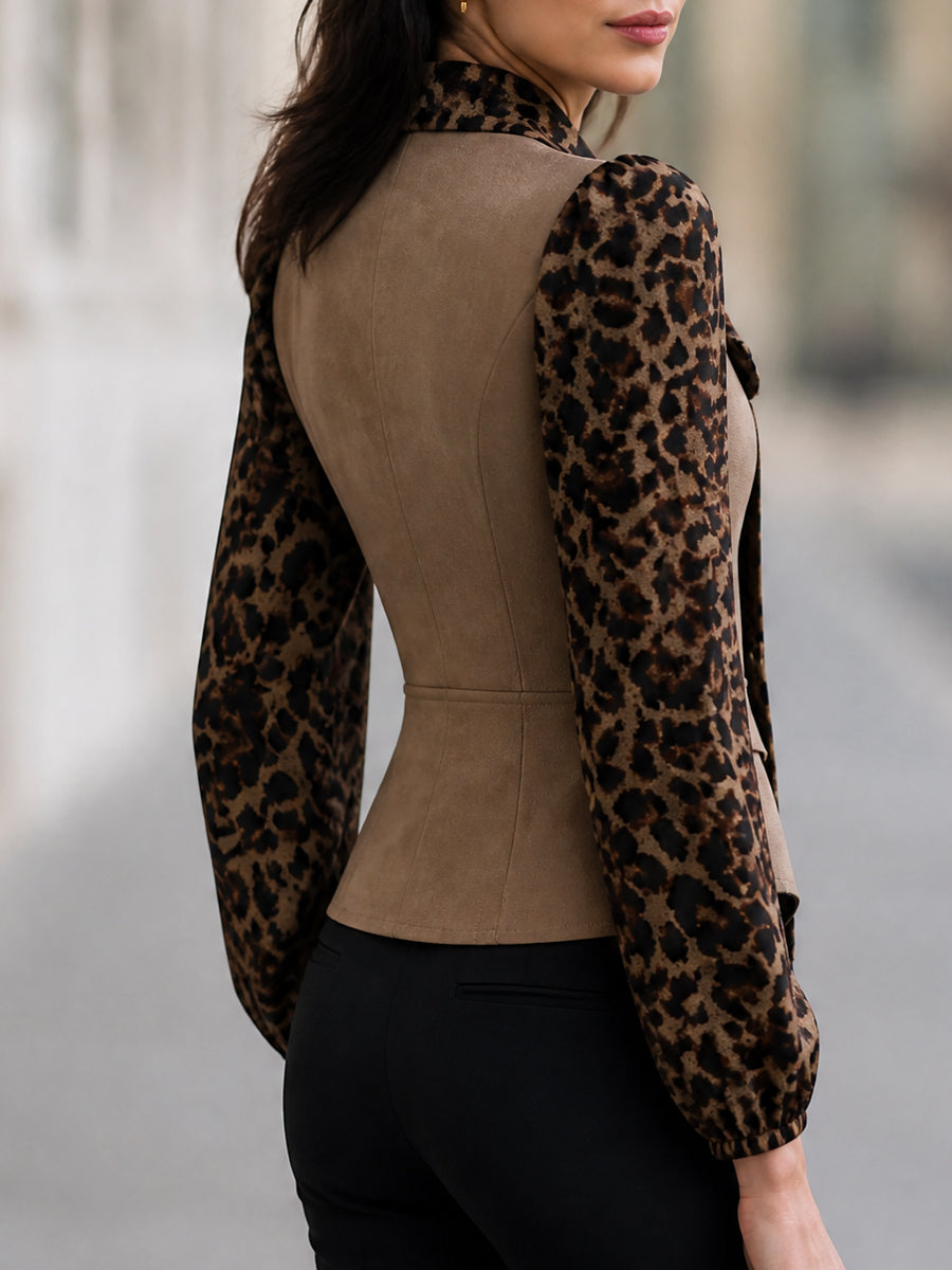 Leopard Print Bow Tie Neck Long Sleeve Fitted Blouse Top