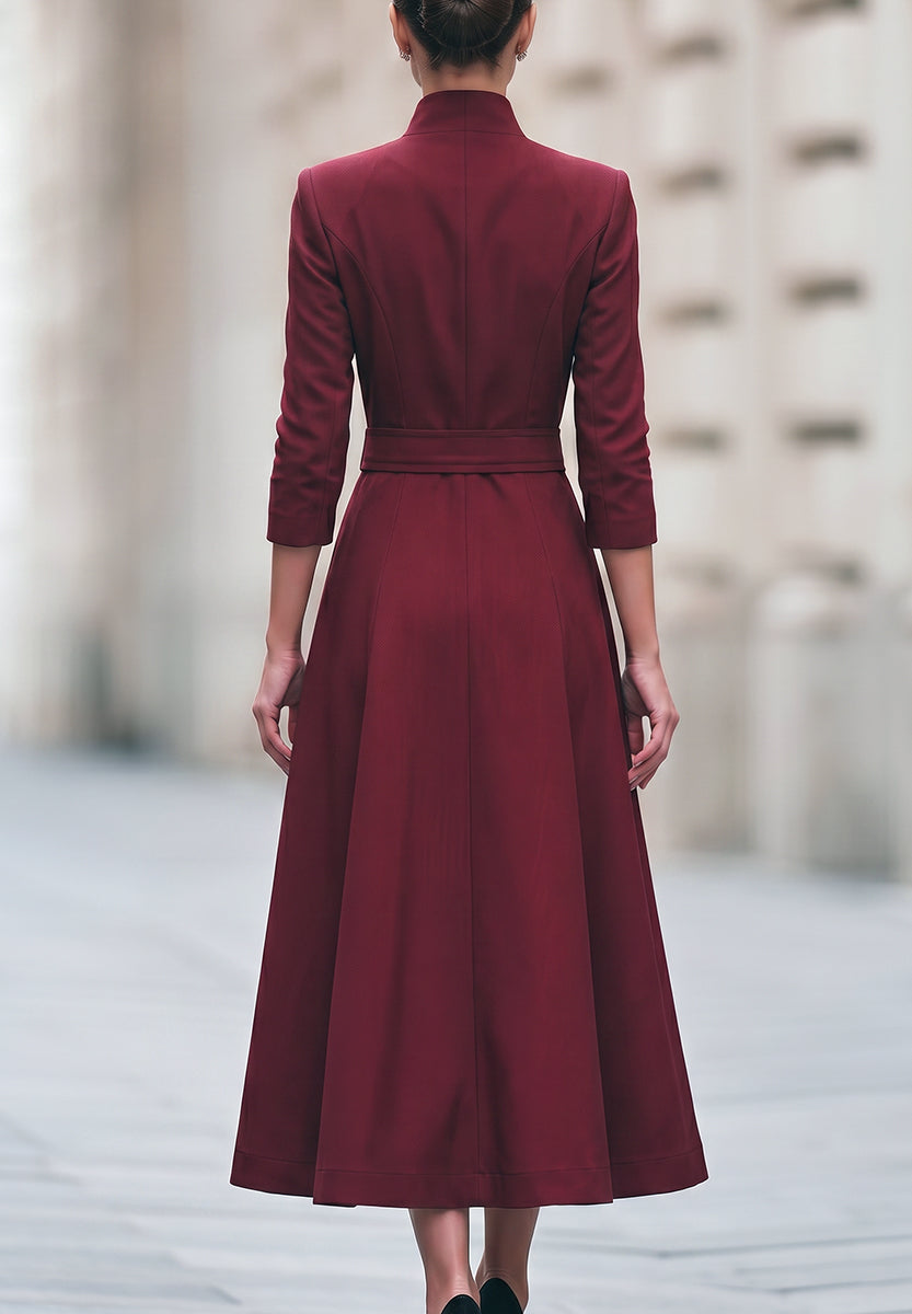 Belted Double-Breasted A-Line Midi Dress