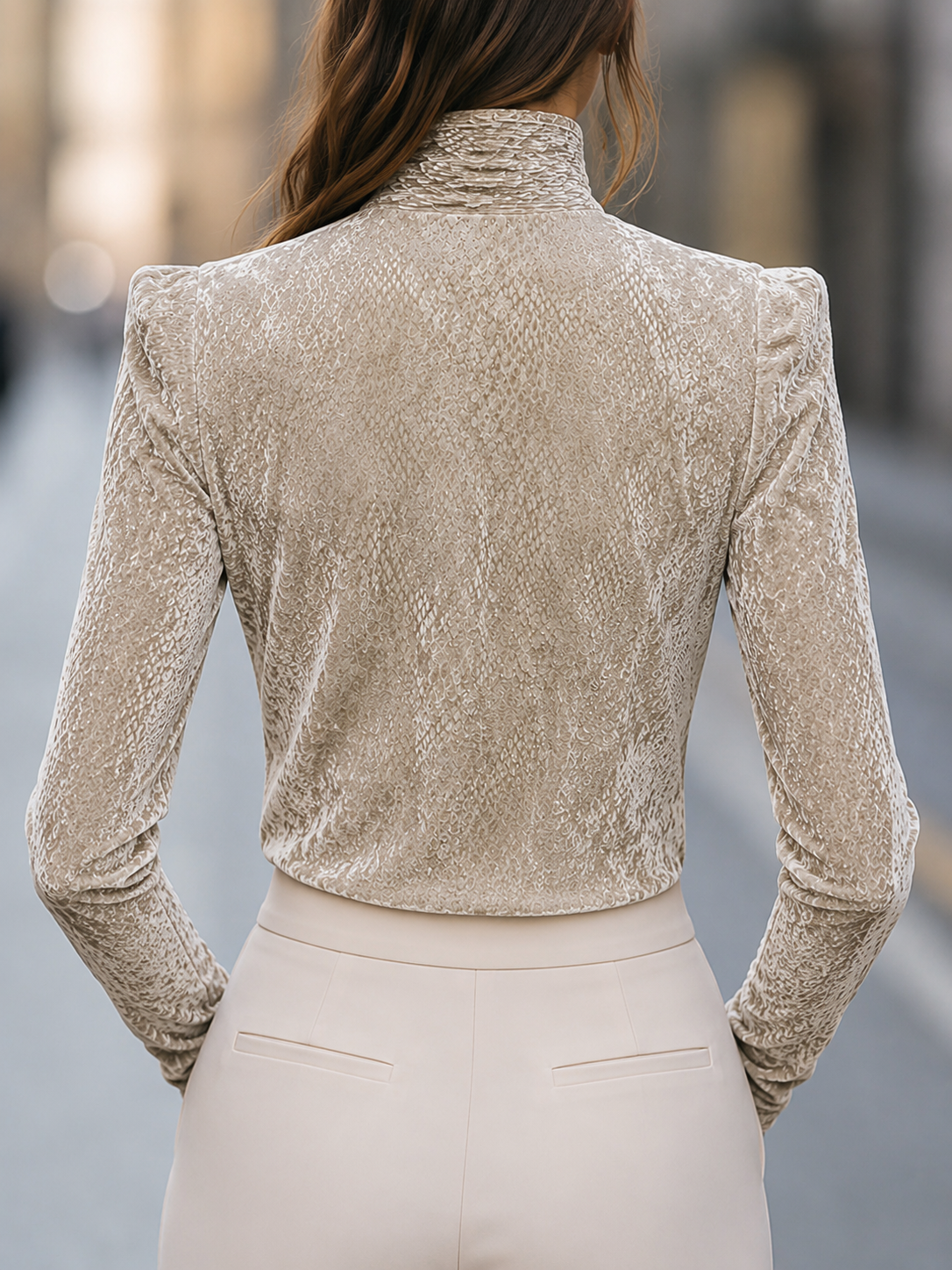 Embossed High-Neck Structured Shoulder Top