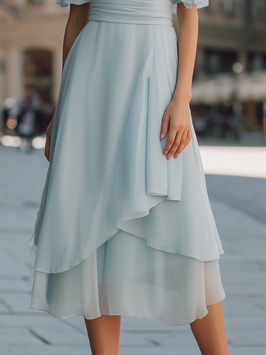 Layered Chiffon Wrap Midi Dress