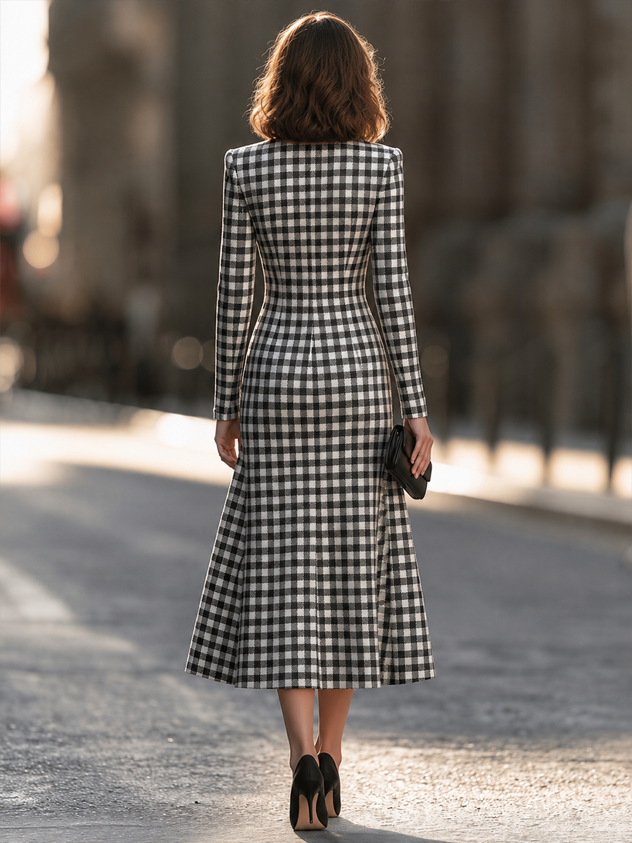 Round-Neck Pearl-Button Front Gingham Check A-Line Maxi Dress
