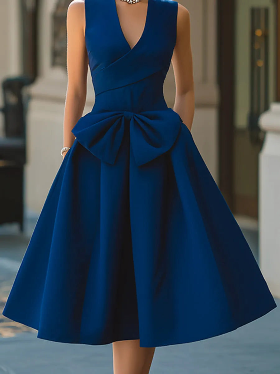 Elegant Bow Waist Sleeveless A-Line Midi Dress