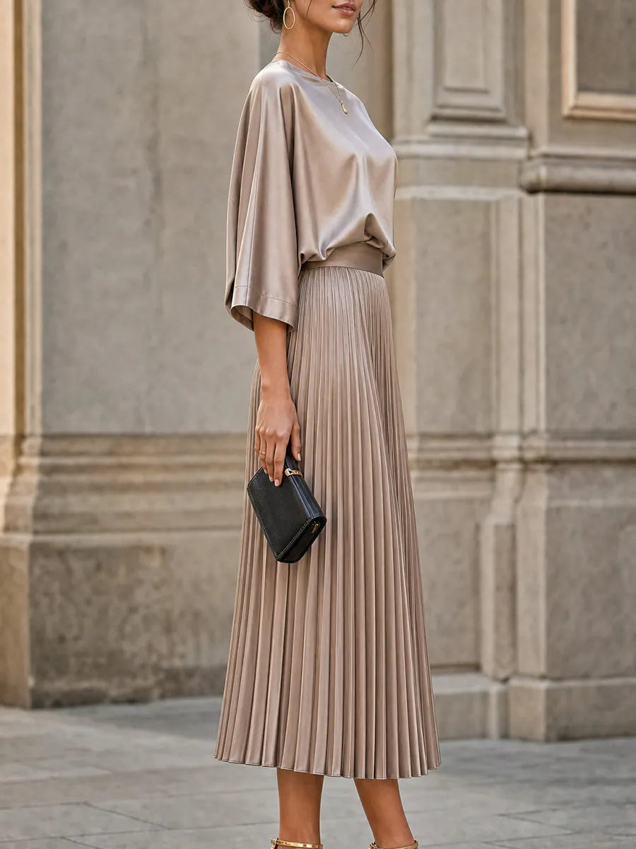 Women's Satin Pleated Midi Skirt with Batwing Sleeve Top Set