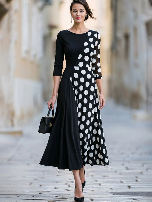 Vestido Midi Assimétrico com Painel de Poá em Tule
