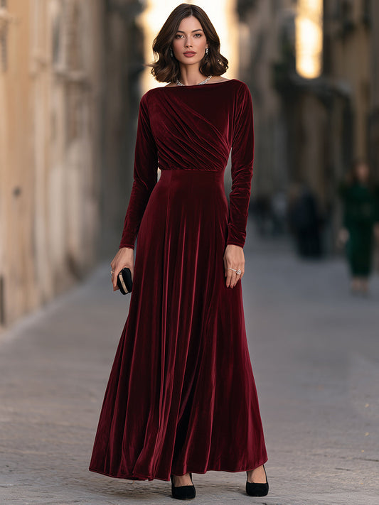 Longue robe de soirée maxi élégante en velours drapé à manches longues