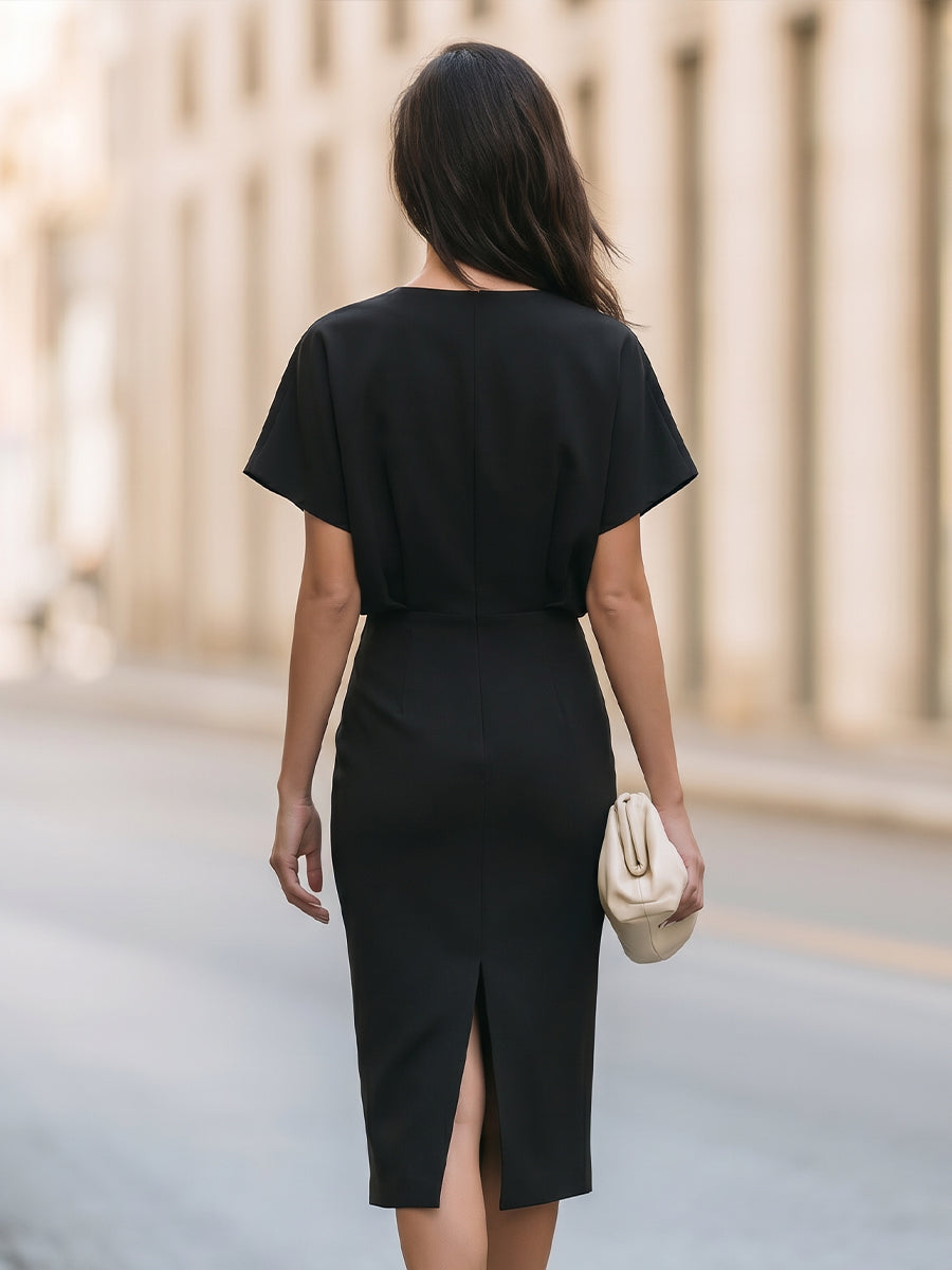 Zip-Front Short Sleeve Bodycon Midi Dress