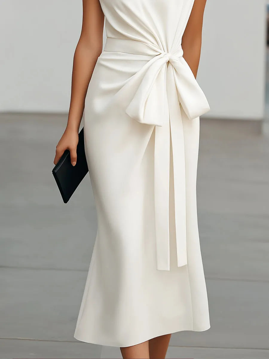 Waist-Tie Cap Sleeves Sculpted Midi Dress