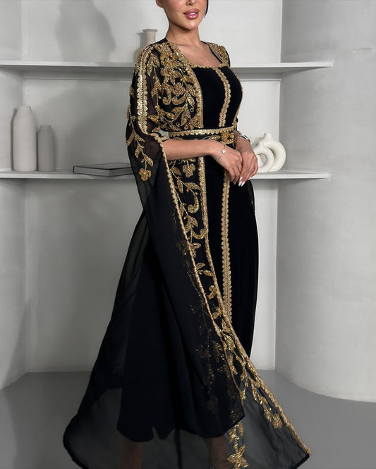 Vestido Kaftan Bordado Feminino com Decote Quadrado