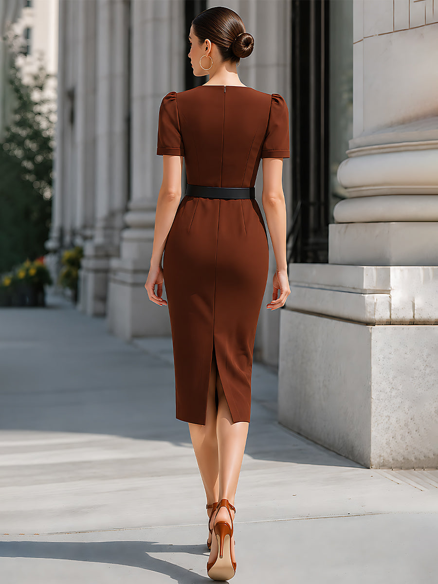 Square-Neck Belted Button-Front Midi Dress