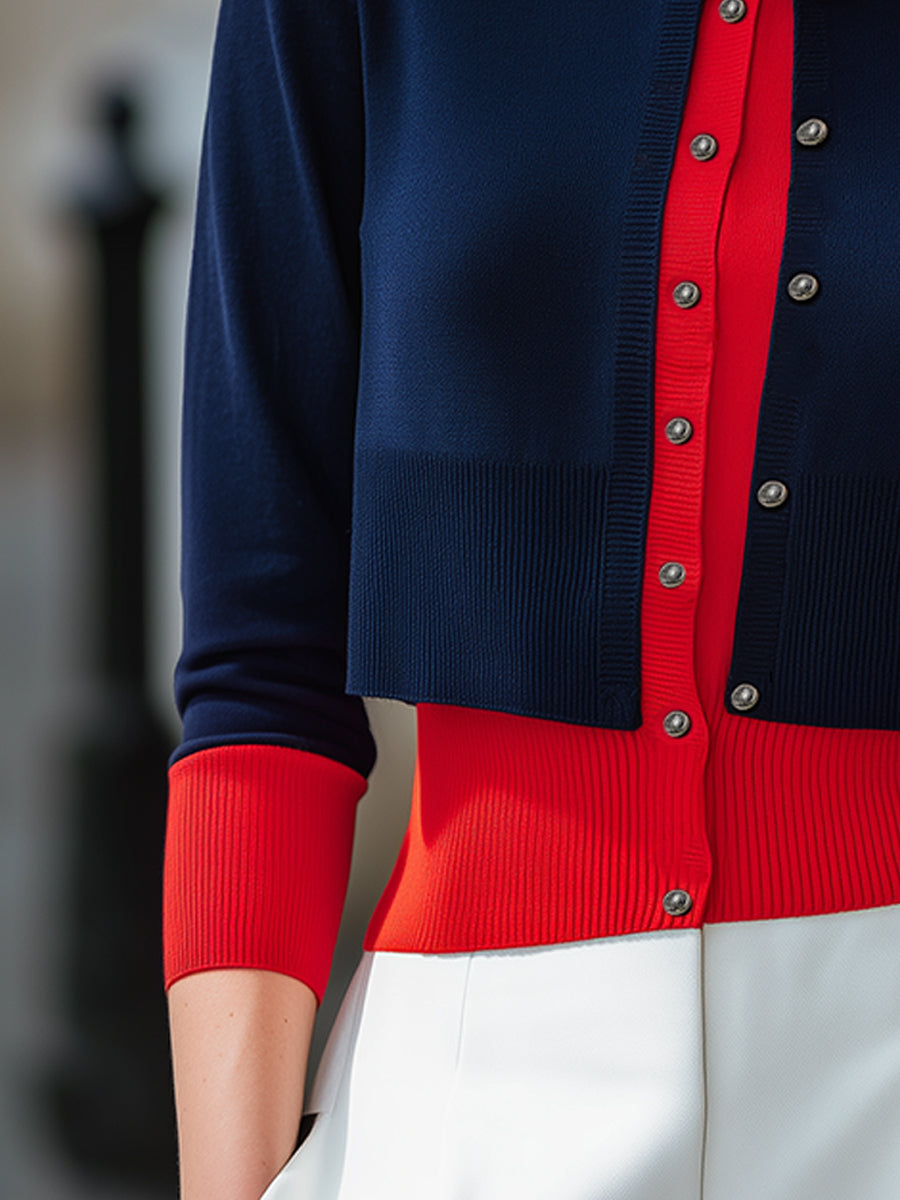 Color-Blocked Layered Button-Down Knit Cardigan