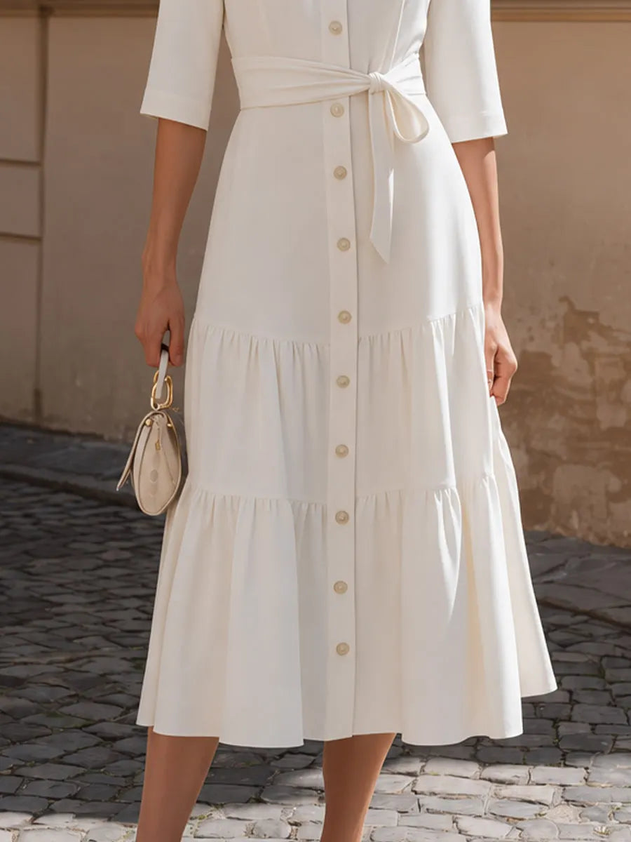 Lapel Collar 3/4 Sleeve Self-Tie Belt Button Front Tiered Midi Shirt Dress