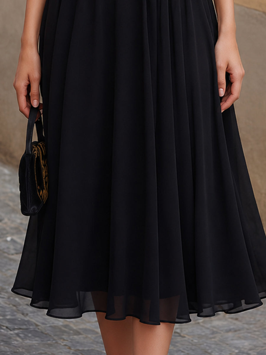 Off-Shoulder Ruched Sweetheart Chiffon A-Line Midi Dress