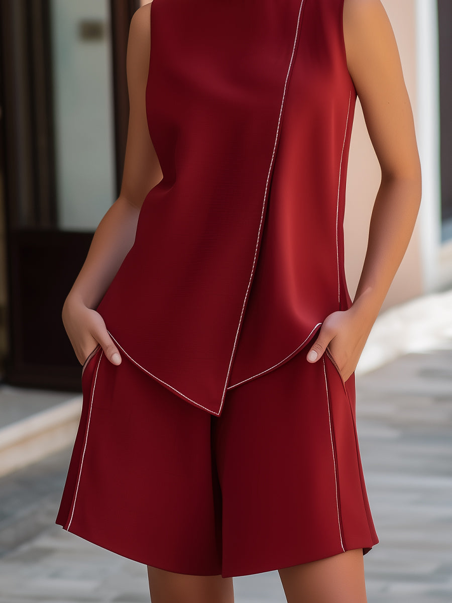 Contrast Piping Sleeveless Asymmetrical Top And Shorts Set
