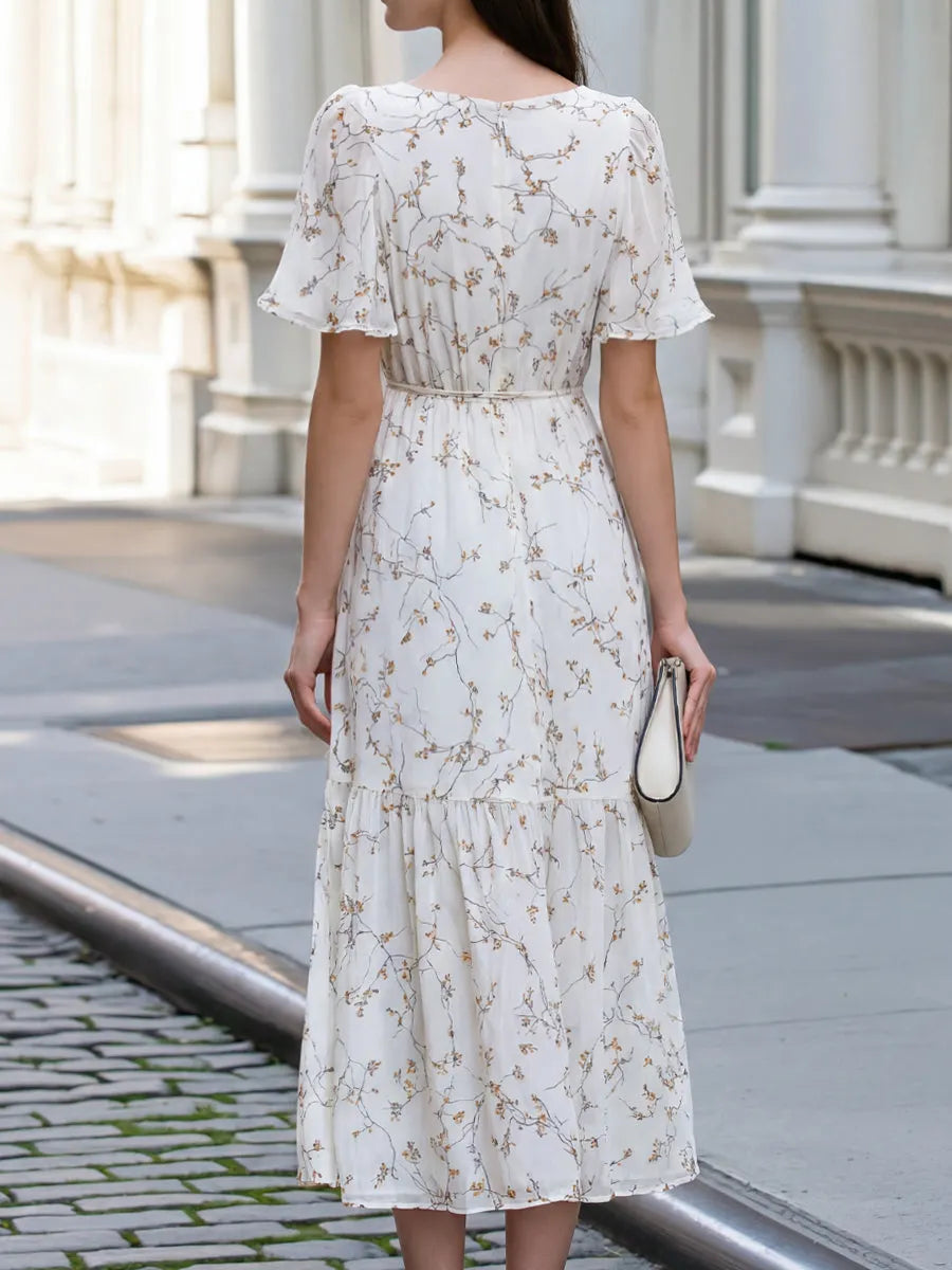 Waist Tie Floral Branch Print Tiered Midi Dress