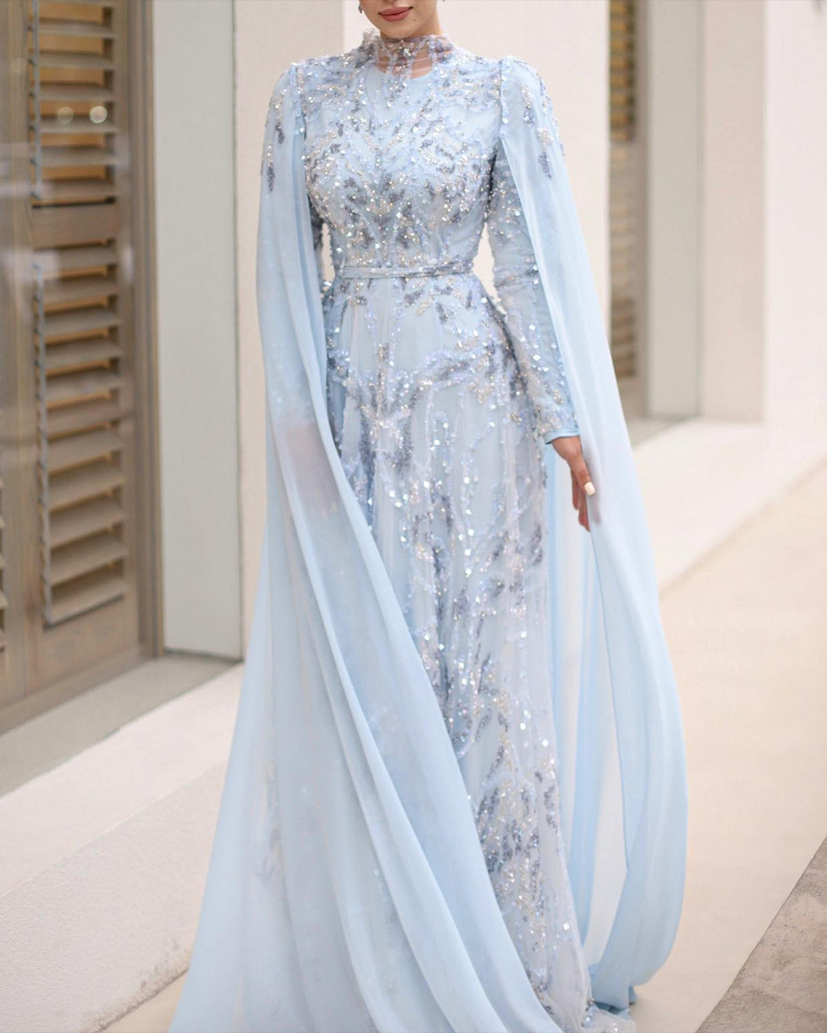 Women' Round Neck Long Sleeve Shawl Mesh Sequin Dress