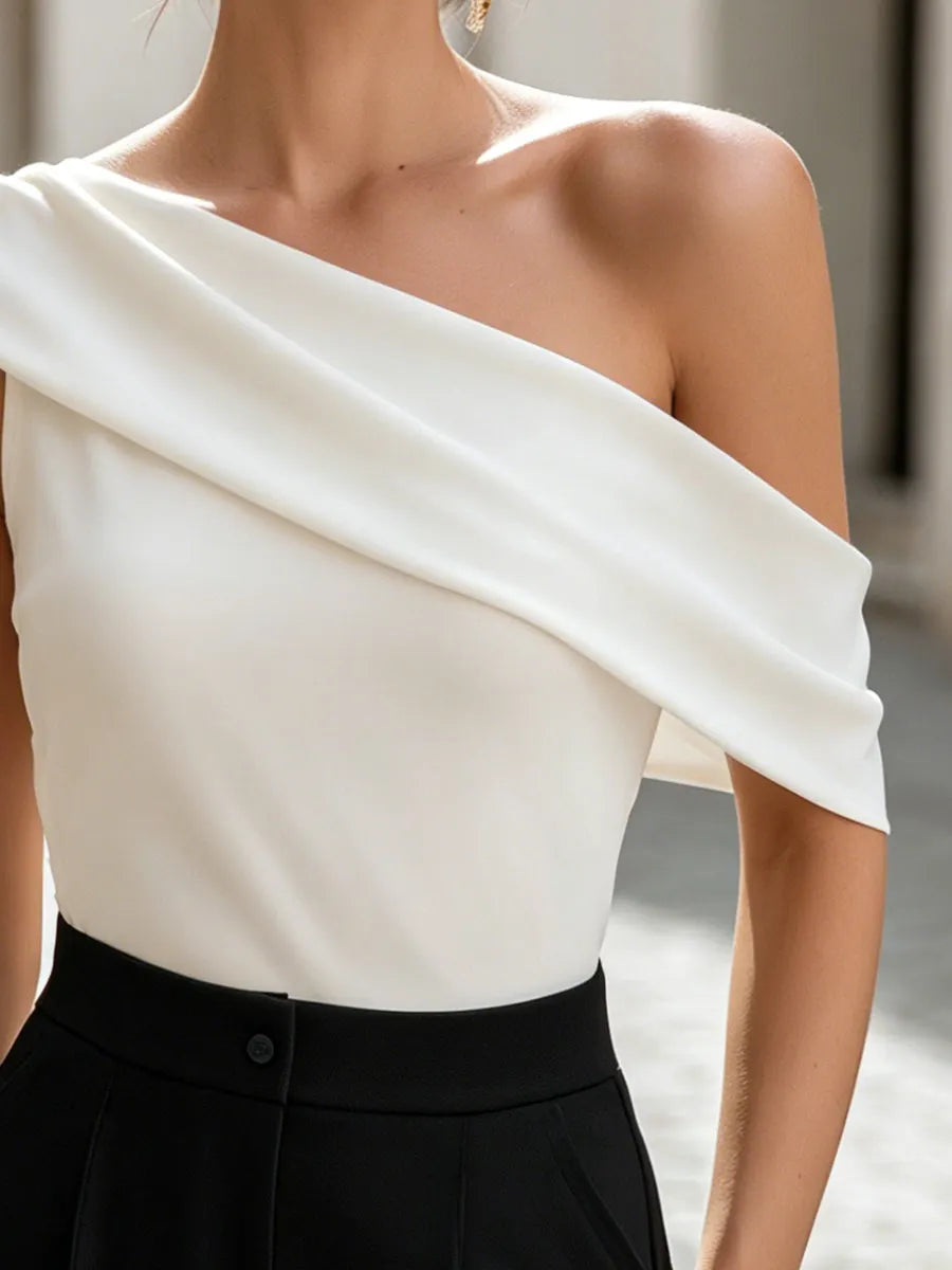 Asymmetric One-Shoulder Draped Neckline Fitted Top