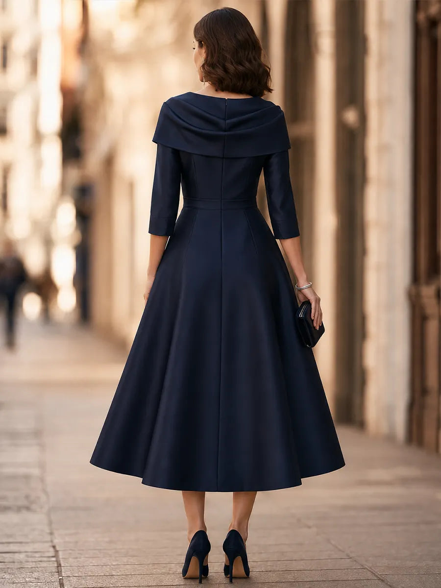 Draped Shawl-Collar Lace-Panel Midi Dress