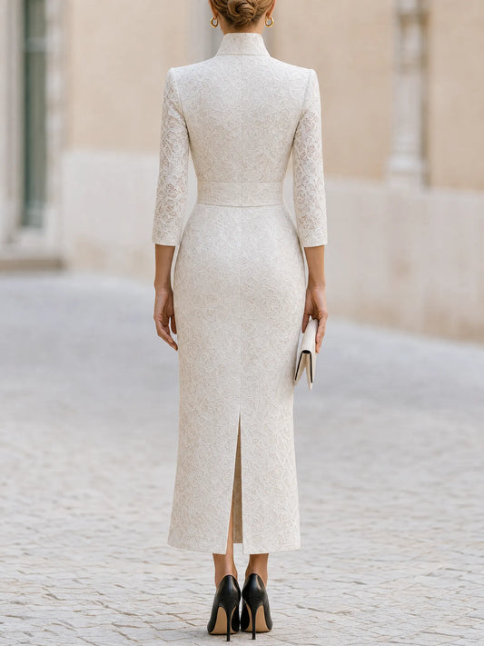 Ivory Lace Wrap-Collar Maxi Dress(Paired with a lace belt)