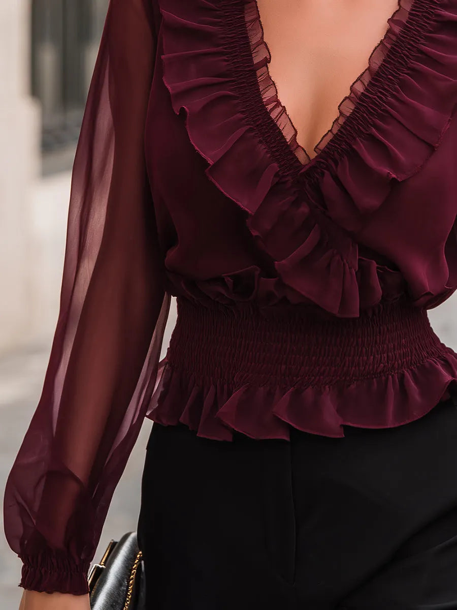 Romantic Ruffle Trim Smocked Waist Chiffon Blouse