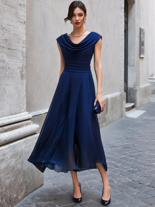 Elegant Cowl Neck Sleeveless Flowing Midi Dress
