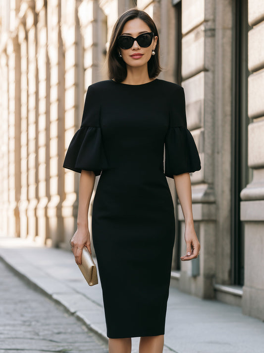 Black Puff Sleeve Sheath Dress Elegant Minimal Office Midi Dress