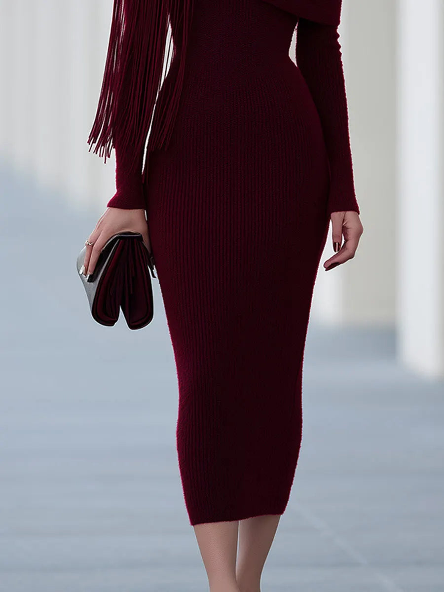 Fringe Cape Off-Shoulder Knit Midi Dress