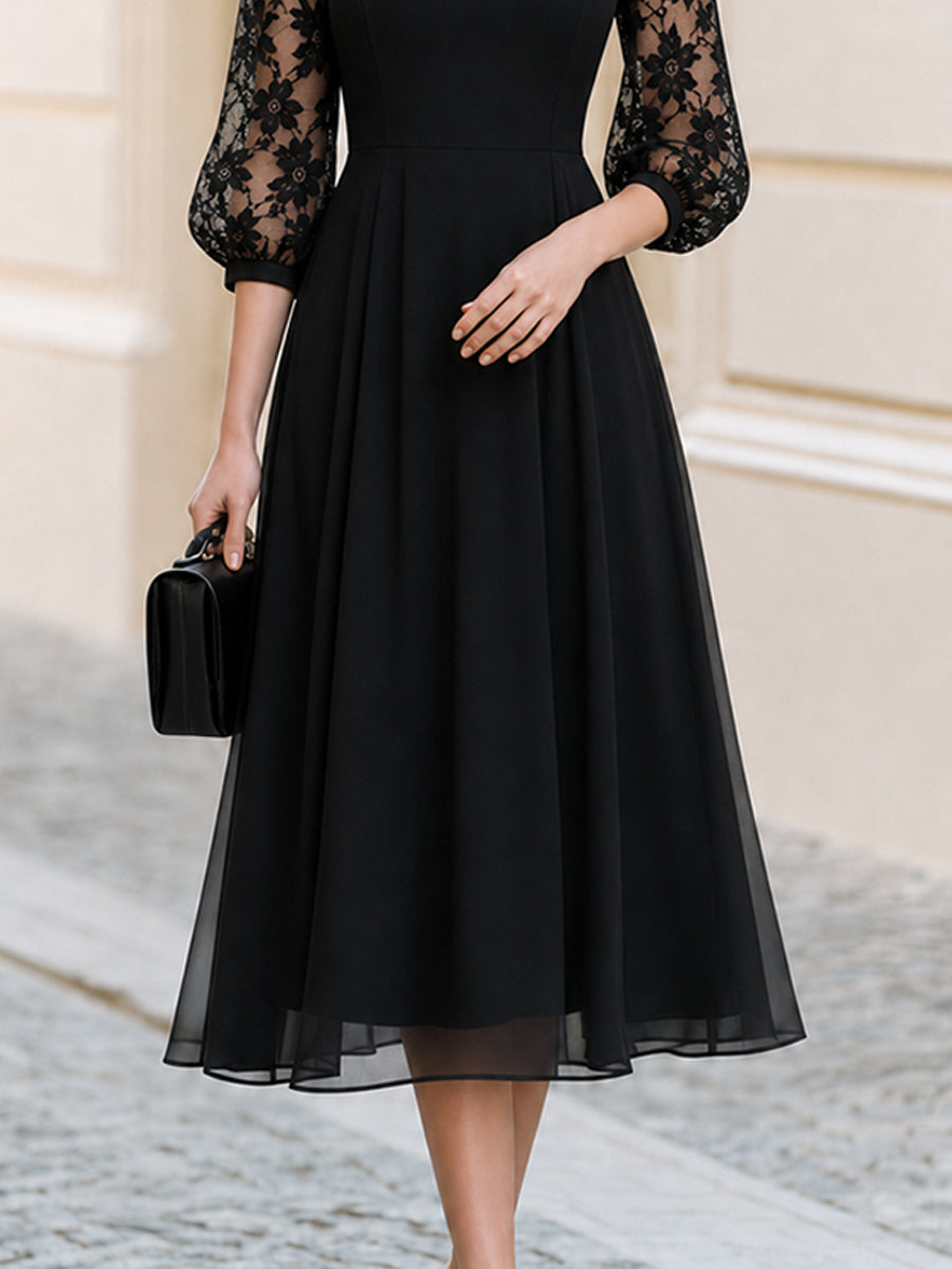 Formal Occasion Round Neck Floral Lace Puff 3/4 Sleeve Midi A-Line Dress