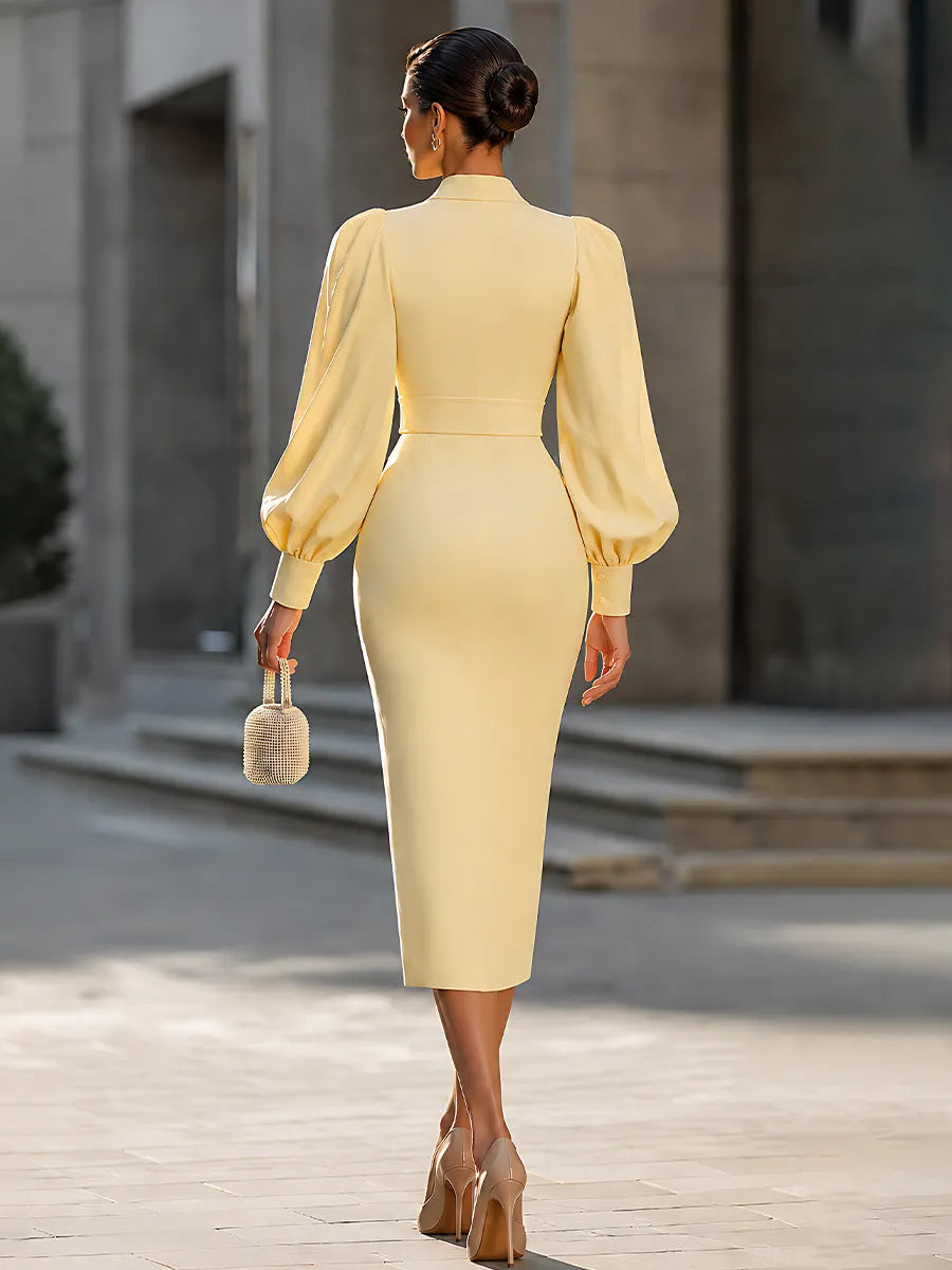 Wrap-Front Balloon-Sleeve Tailored Midi Dress