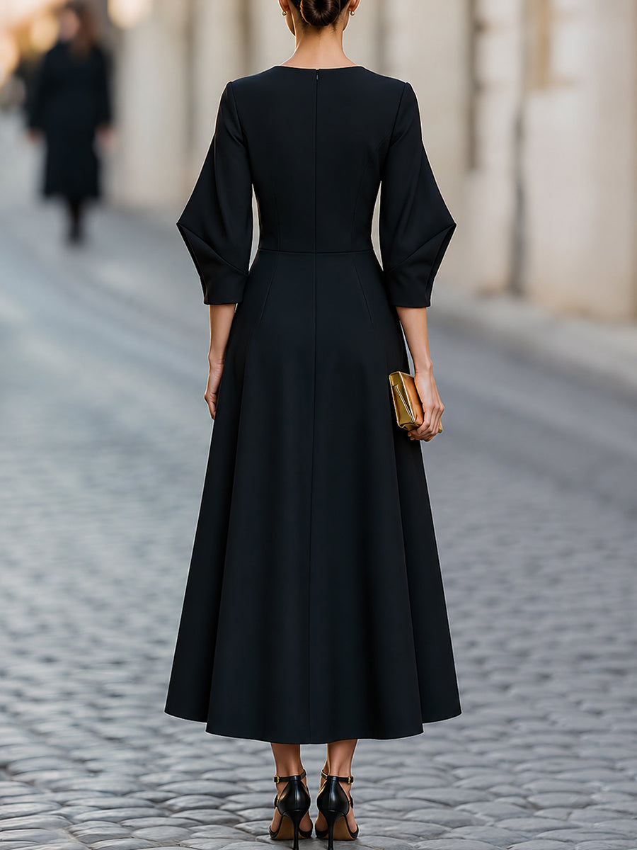 Structured Long Sleeve A-Line Flared Hem Midi Dress