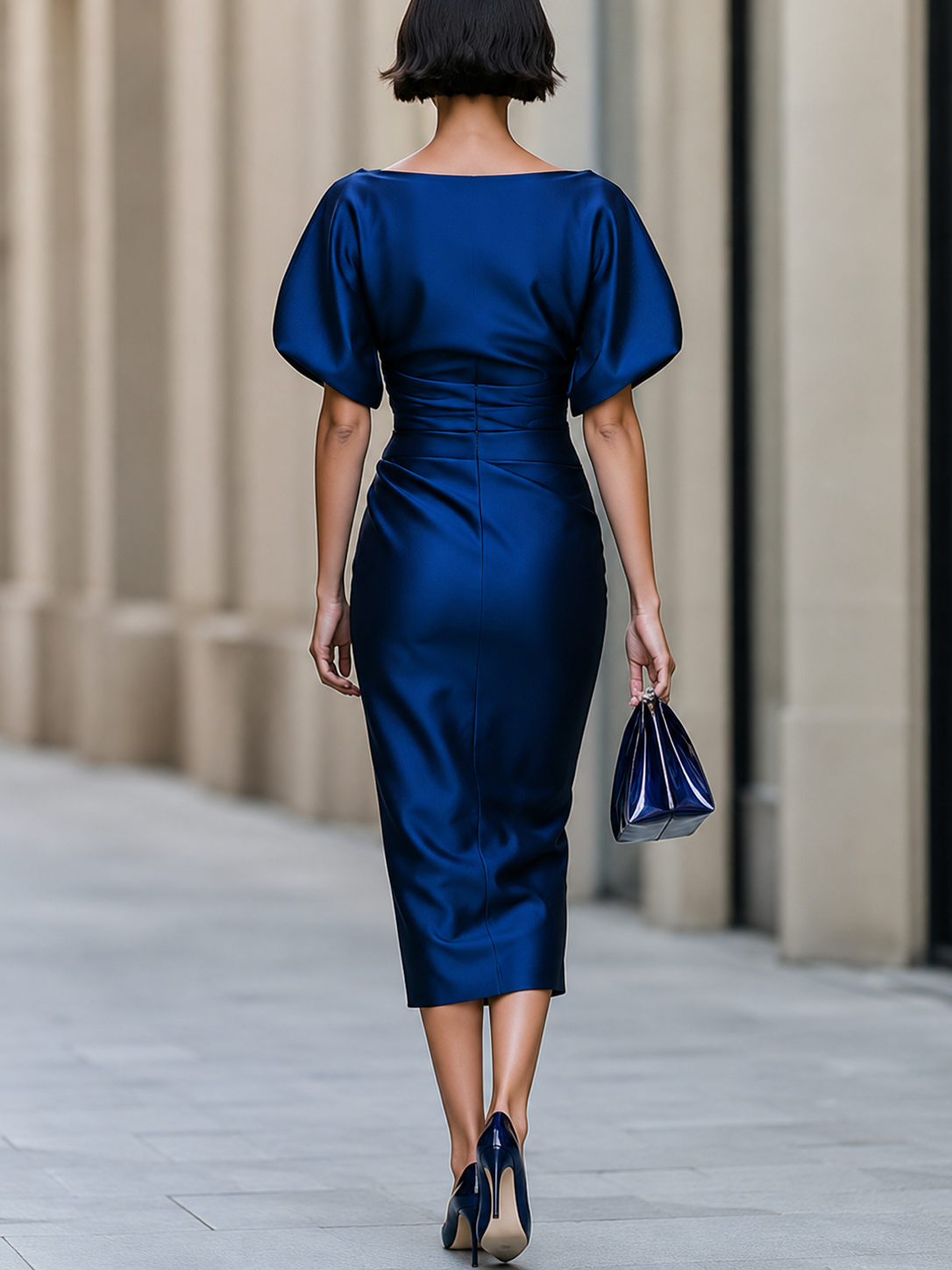 Ruched Batwing Sleeve Satin Midi Dress