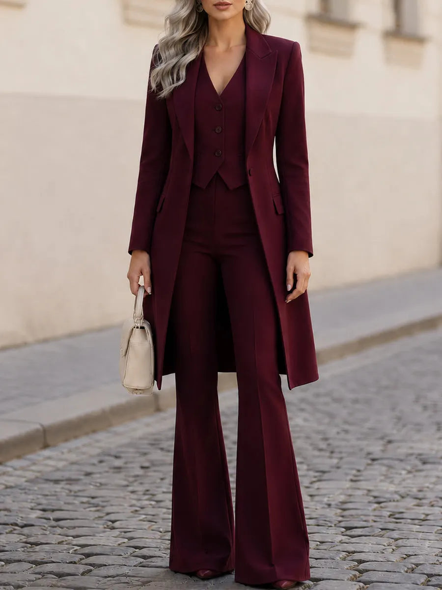 Three-Piece Suit, Long Line Blazer + V-Neck Vest + Flared Trousers Formal Set
