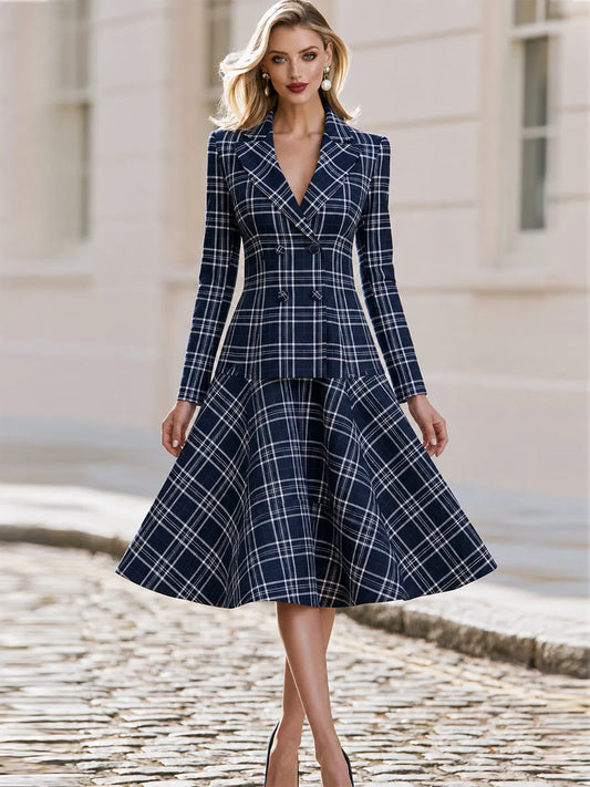 Notched Lapel Double Breasted Plaid Long Sleeve Fit & Flare Midi Dress